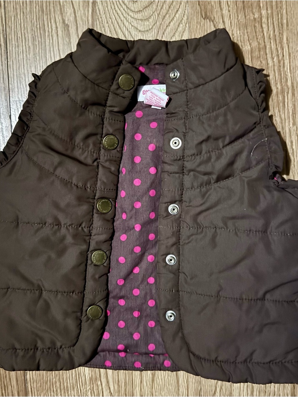 OshKosh B'gosh Brown Puffer Vest with Pink Polka Dot Lining